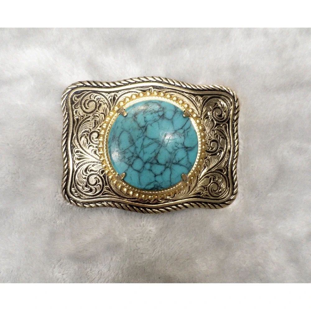 Gold Tone Western Scroll Work Belt Buckle With Faux Turquoise Stone Rodeo